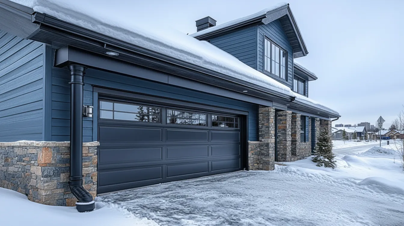 Attached two-car garage with dark blue siding, stone accents and snow-covered driveway
