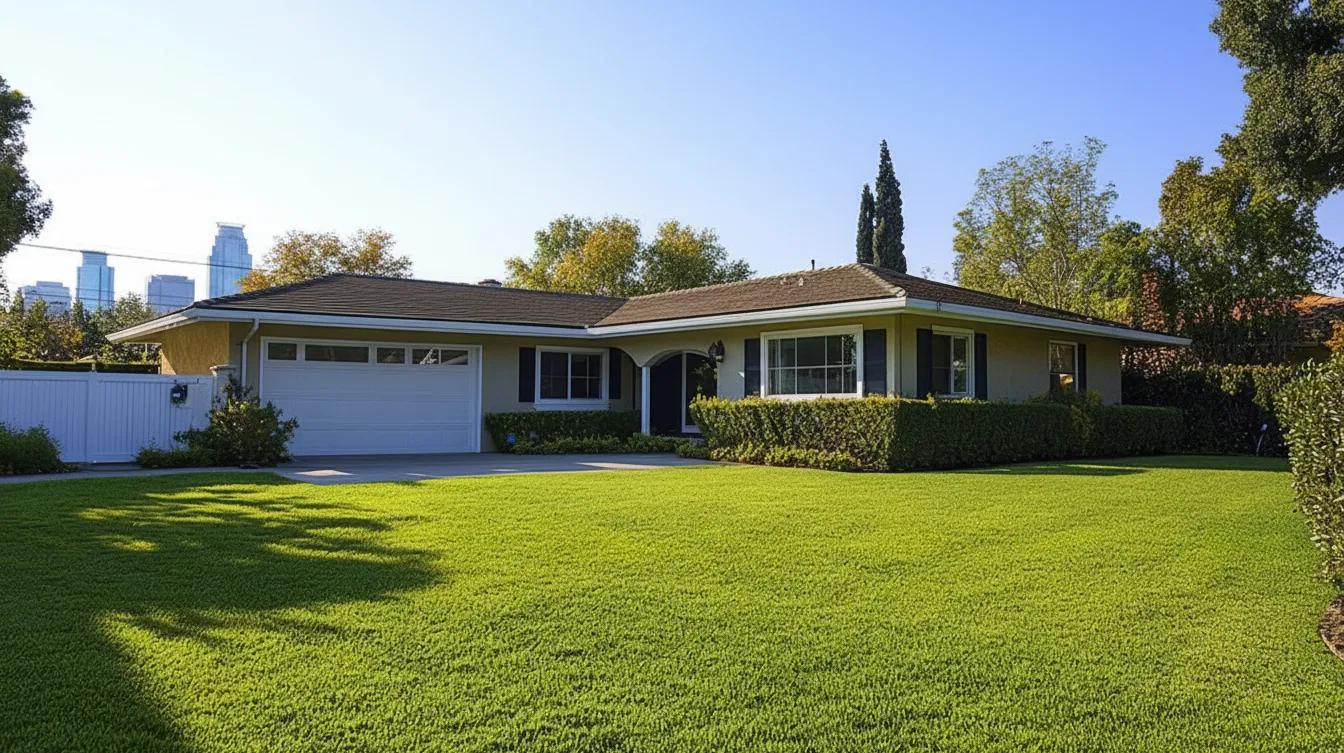 Single-story home with an attached two-car garage, white door and landscaped front yard