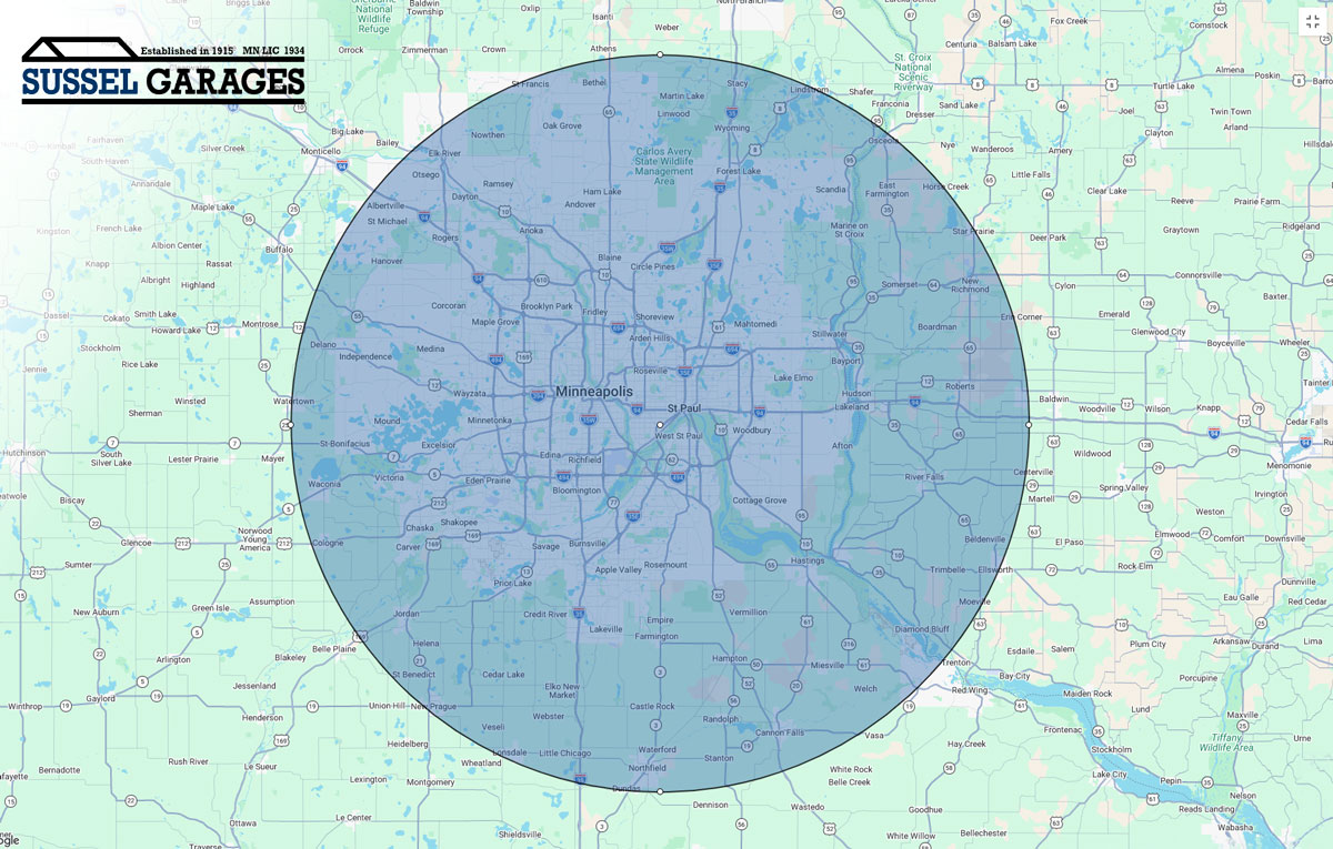 Sussel Garages Service Area Map Map of St. Paul MN and 35 miles out